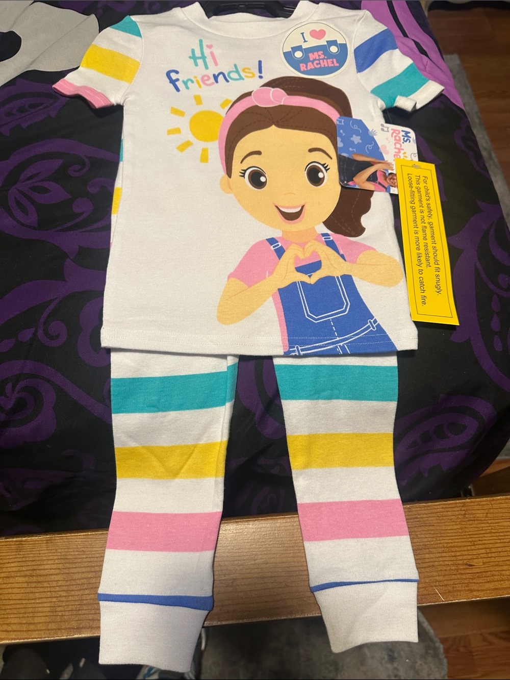 Rachel White Pajama Set with Multicolor Stripes and Character Graphic